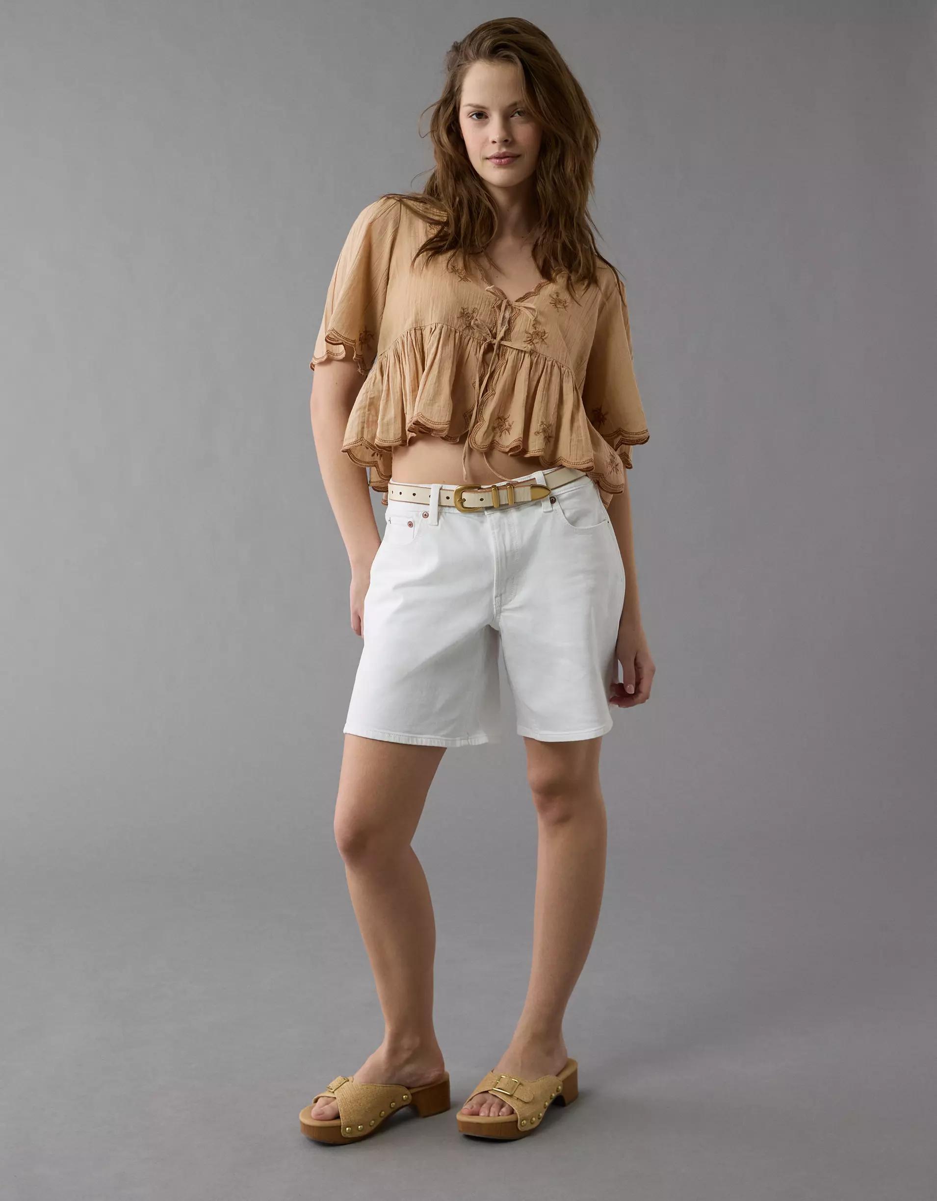AE Embroidered Tie Front V-Neck Blouse Product Image