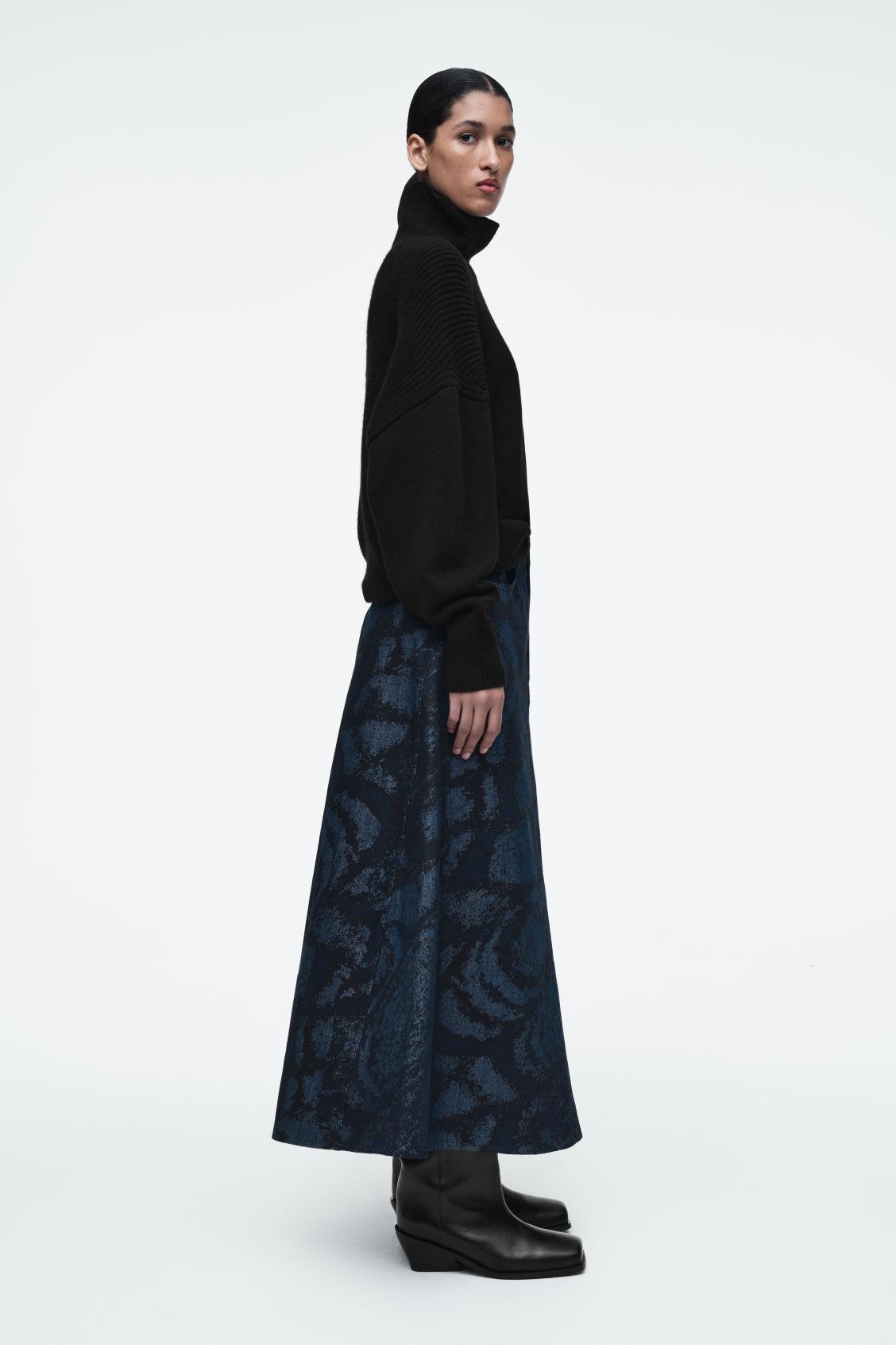 JACQUARD DENIM A-LINE MIDI SKIRT Product Image