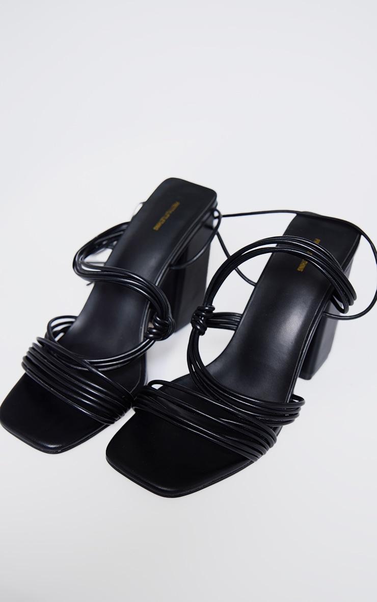 Black Pu Square Toe Strappy Lace Up Block Heeled Sandals Product Image