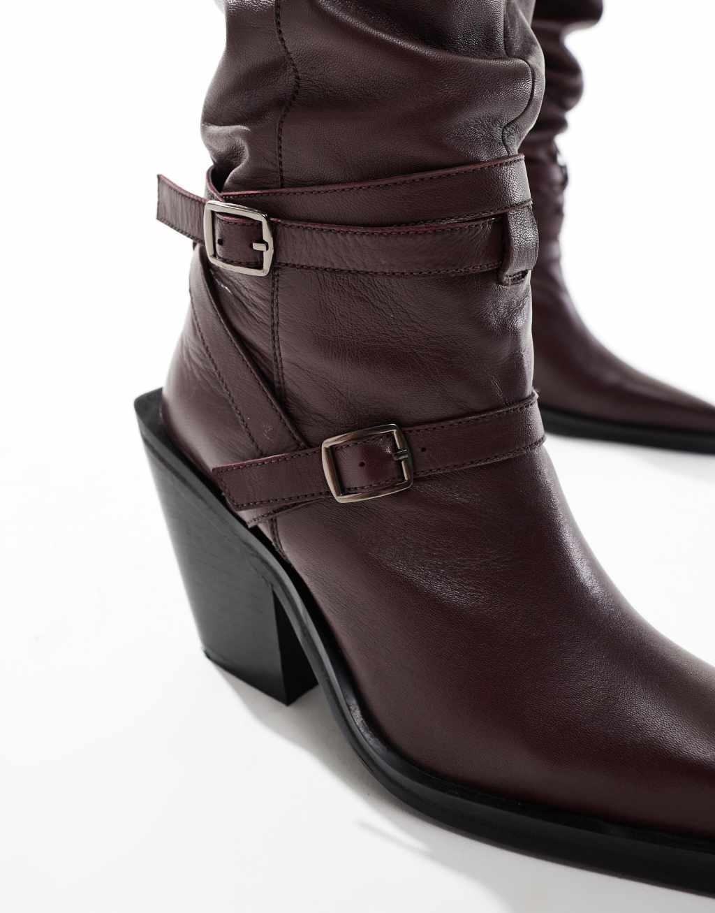 ASOS DESIGN Kingfisher leather ruched over the knee boots with buckles in burgundy Product Image