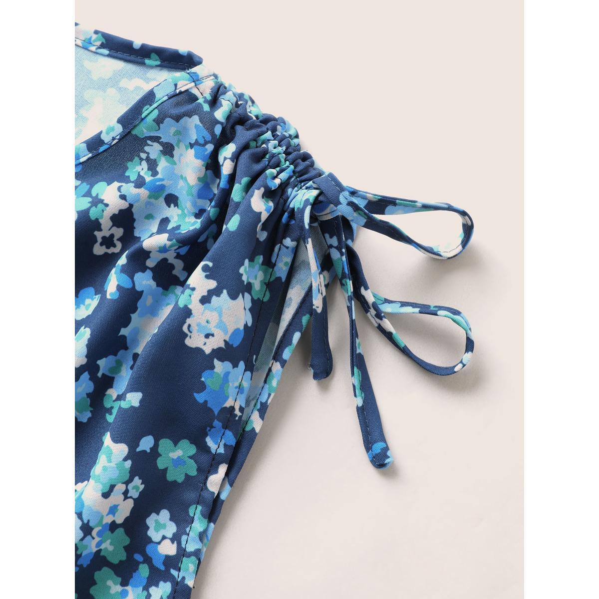 Plus Size Ditsy Floral Drawstring Lace Patchwork Tank Top Women Blue Elegant Cross straps Round Neck Everyday Tank Tops Camis BloomChic 30/6X Product Image