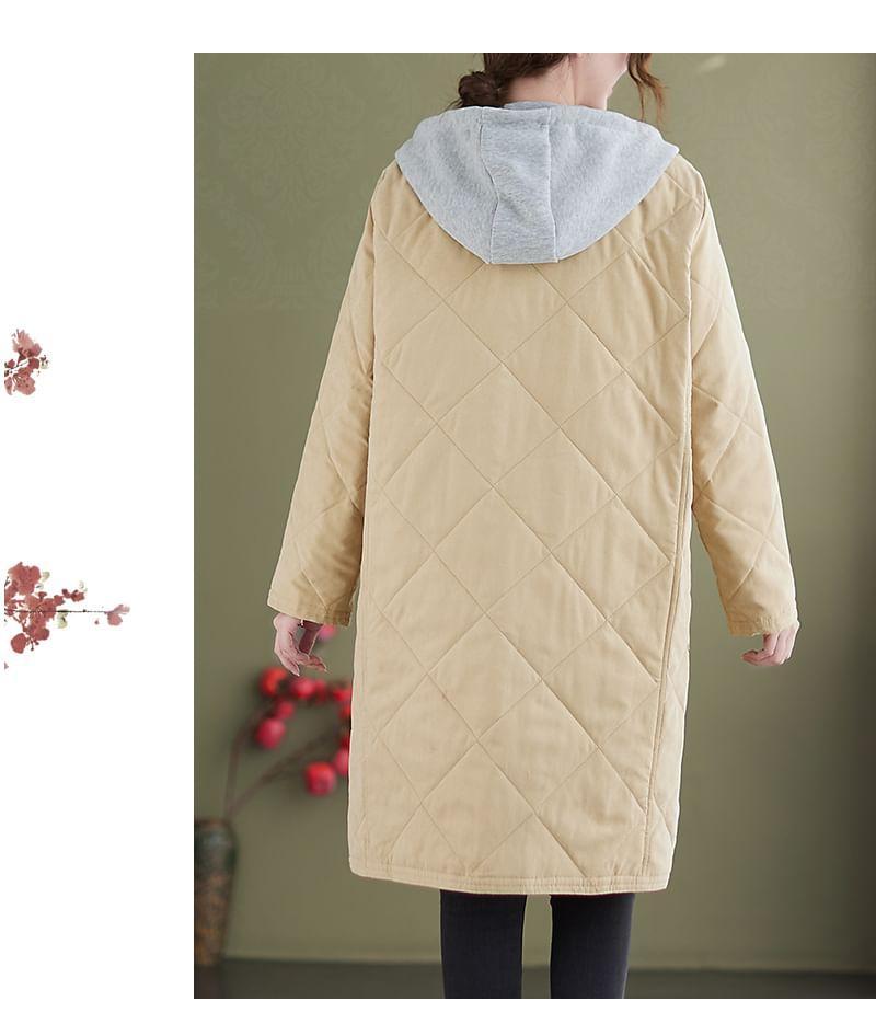 Plain Hooded Quilted Midi Single-Breasted Jacket Product Image