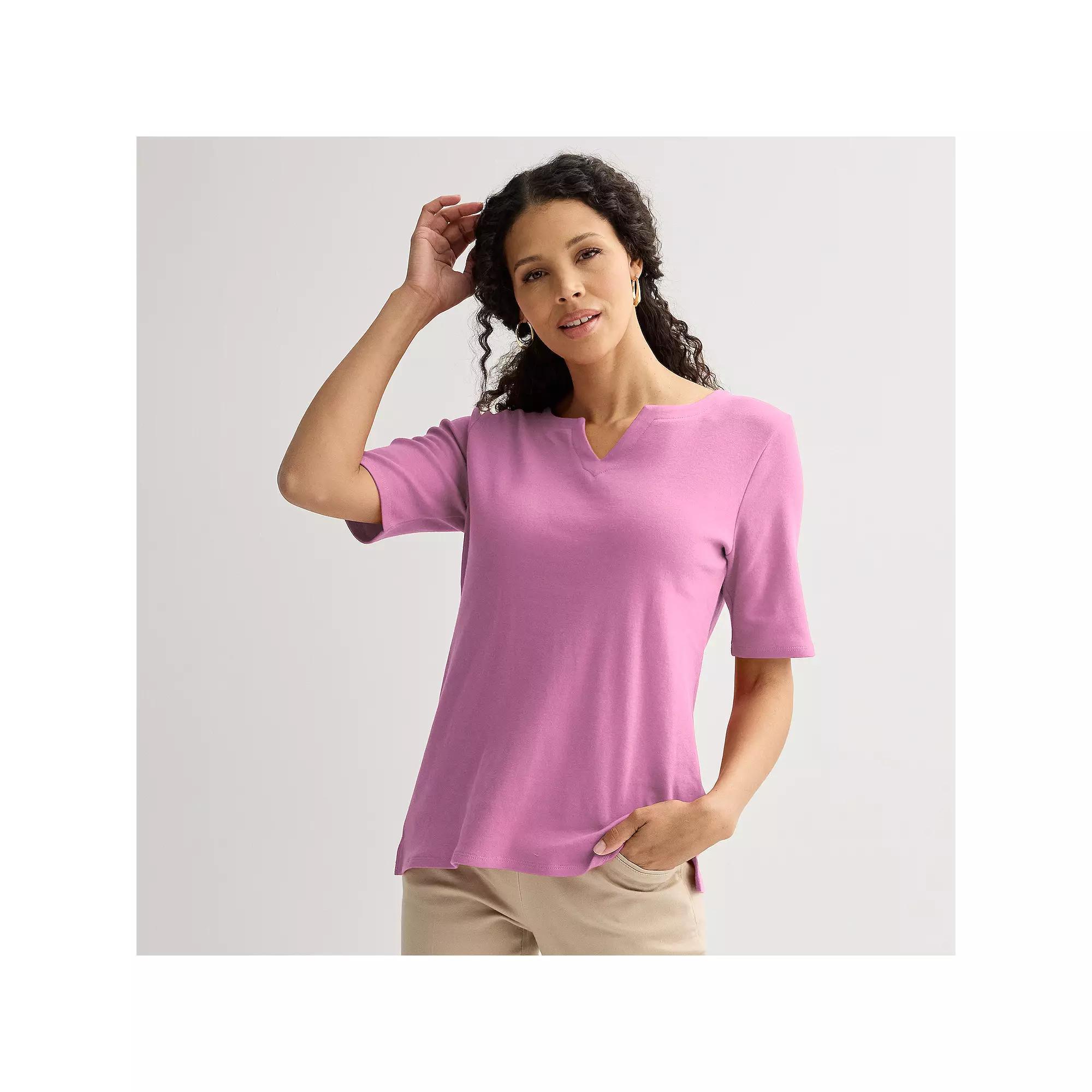 Petite Croft & Barrow® Elbow Sleeve Splitneck Top, Women's,  Product Image