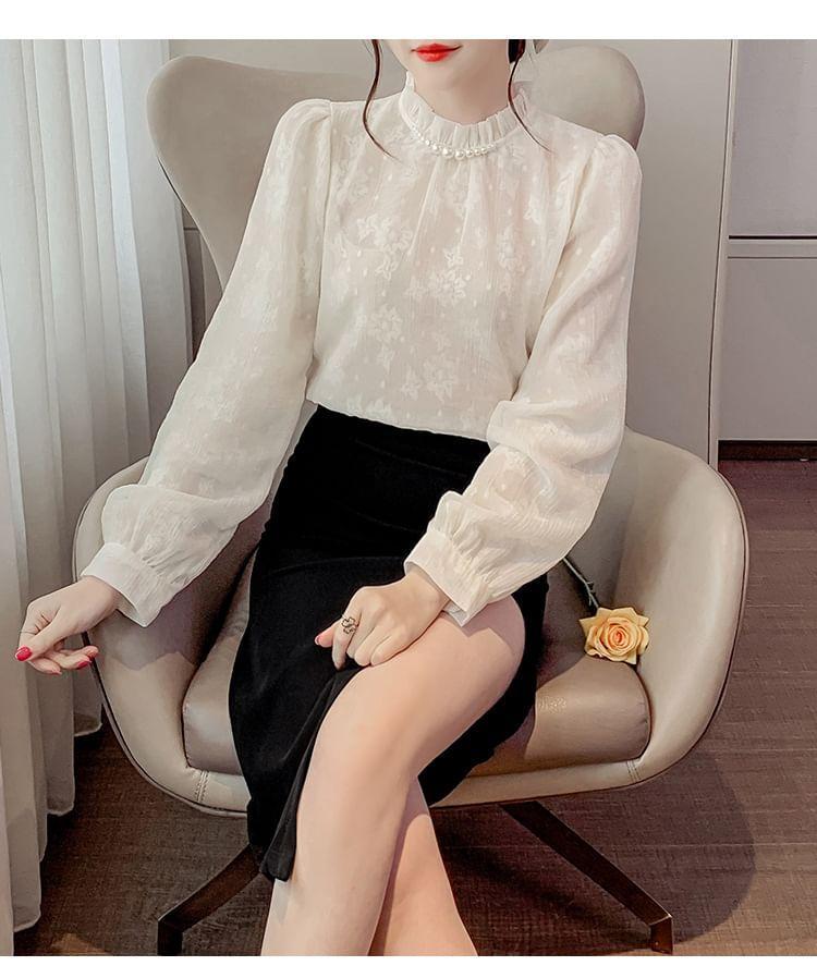 Long-Sleeve Floral Faux Pearl Lace Blouse Product Image