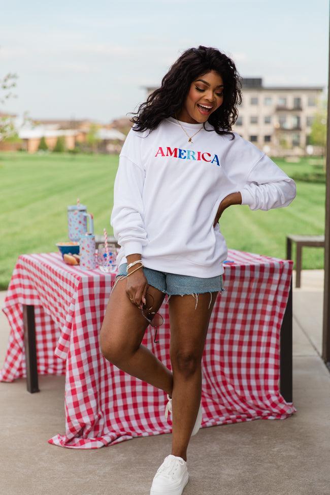 America Multi Embroidery White Oversized Graphic Sweatshirt FINAL SALE Product Image