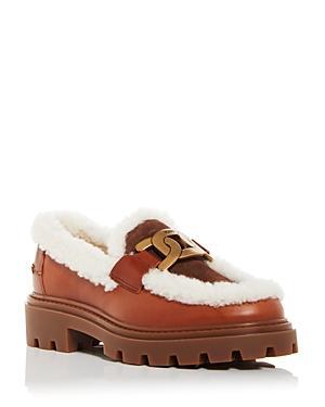 Tods Womens Gomma Shearling Trim Loafers Product Image