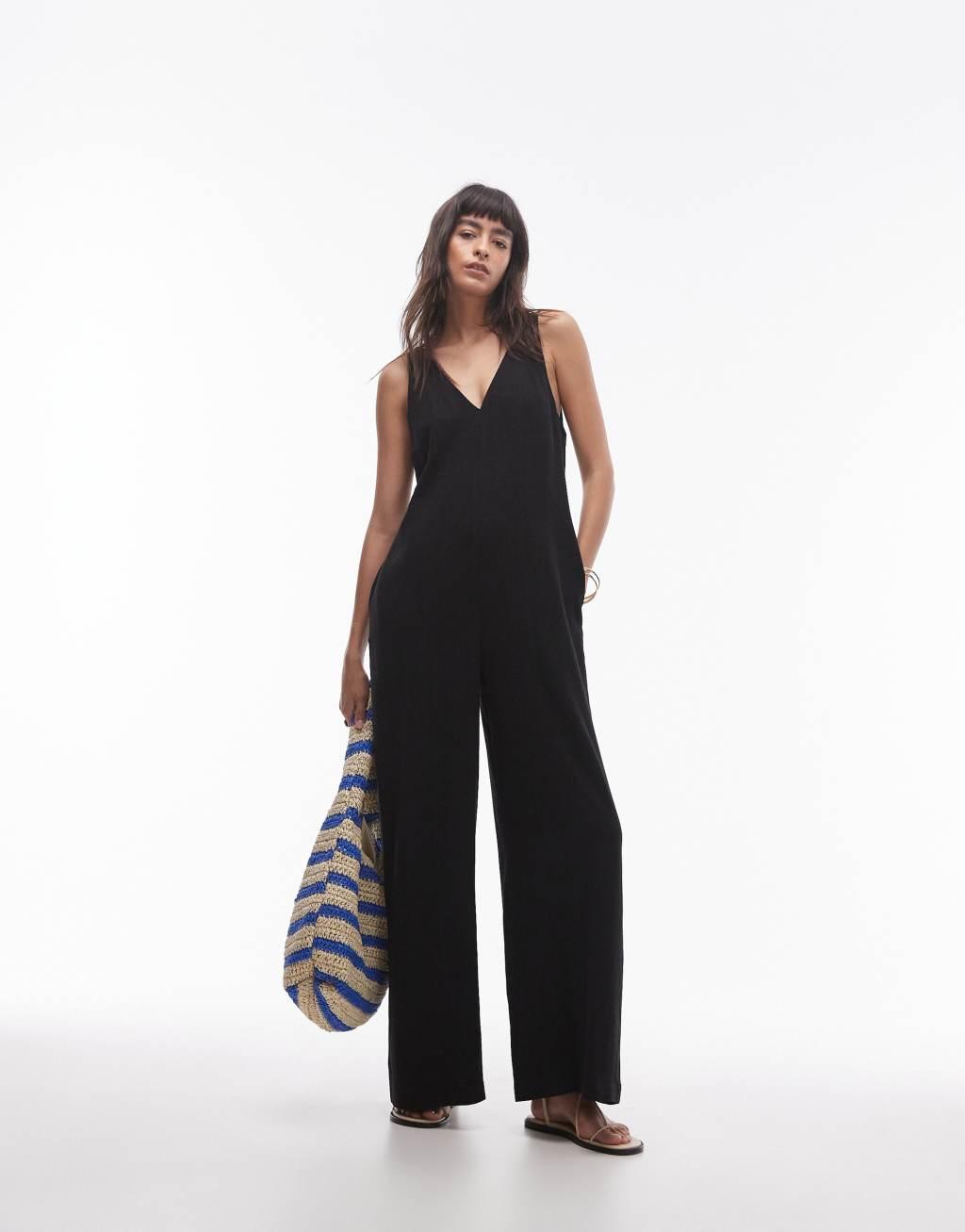 Topshop V neck bermuda jumpsuit in black Product Image