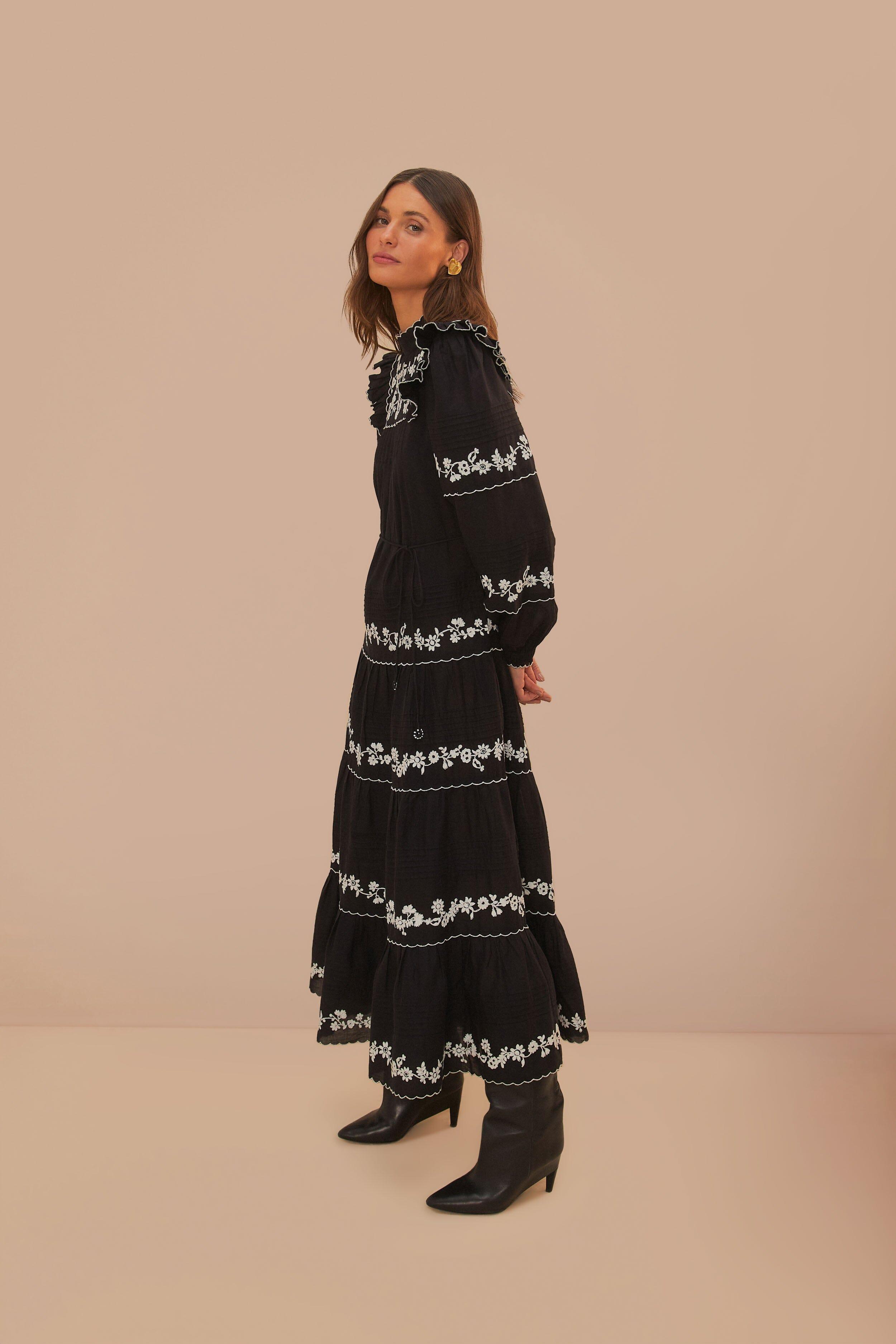 Black And White Embroidered Long Sleeve Maxi Dress Product Image