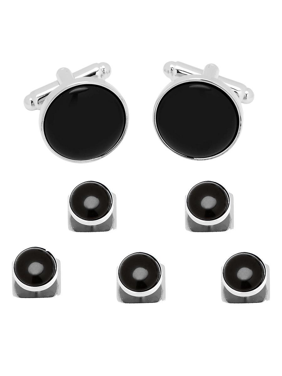 Mens 5-Piece Silver And Onyx Cufflink & Stud Set Product Image