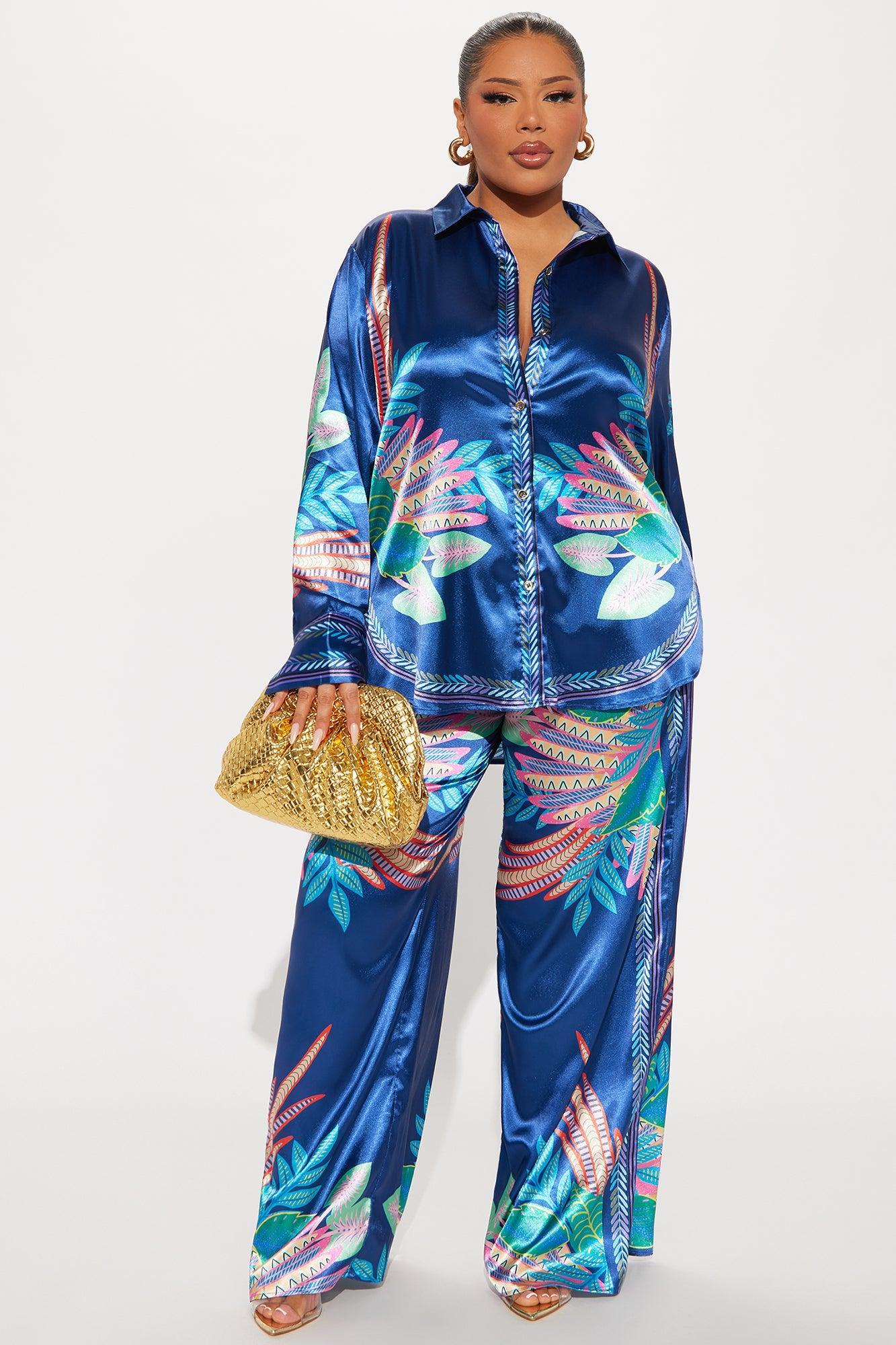 Breanna Satin Pant Set - Teal/combo Product Image