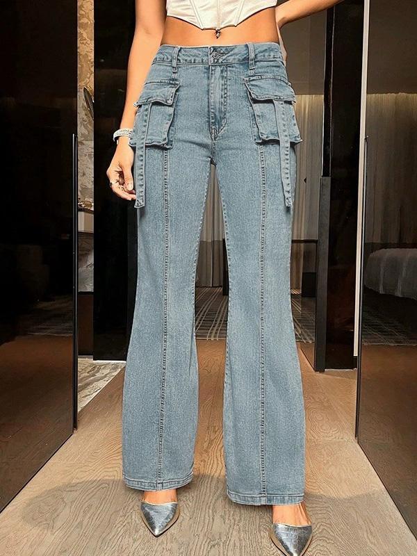 Straight Leg Pockets Split-Joint Streamer Jean Pants Bottoms Product Image