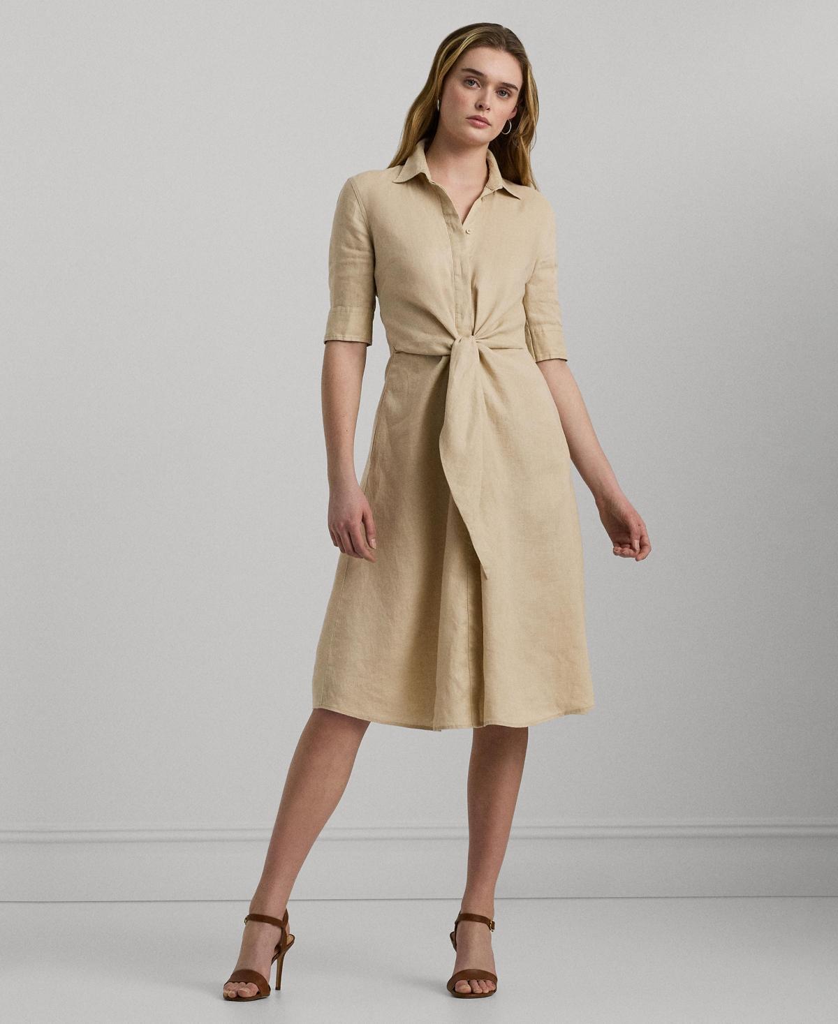 Lauren Ralph Lauren Tie-Front Linen Shirtdress (Explorer Sand) Women's Dress Product Image