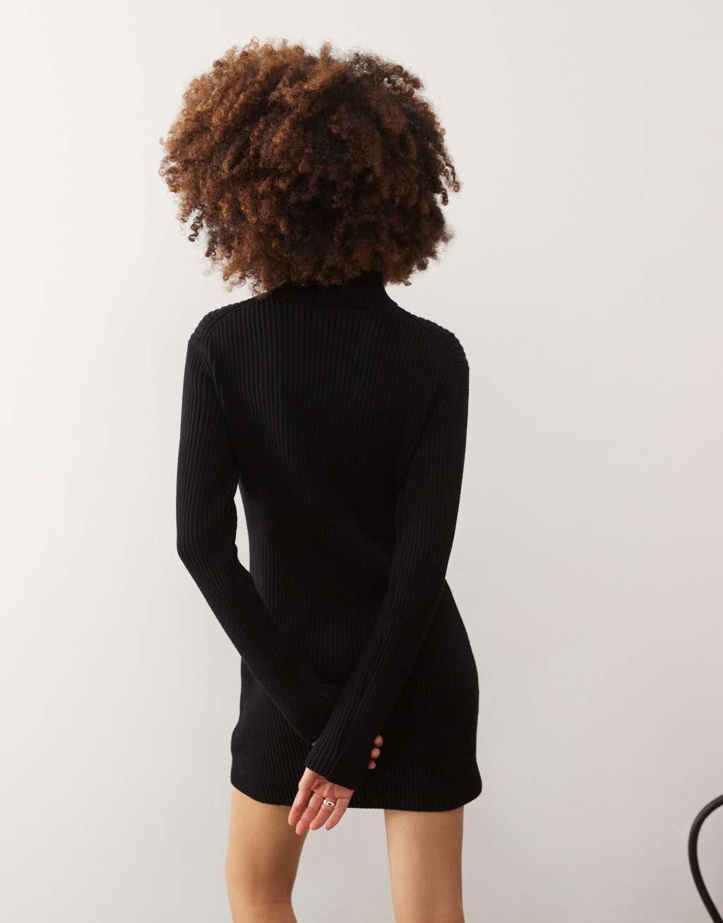 Weekday Laila high neck rib knitted mini dress with two-way zip in black Product Image