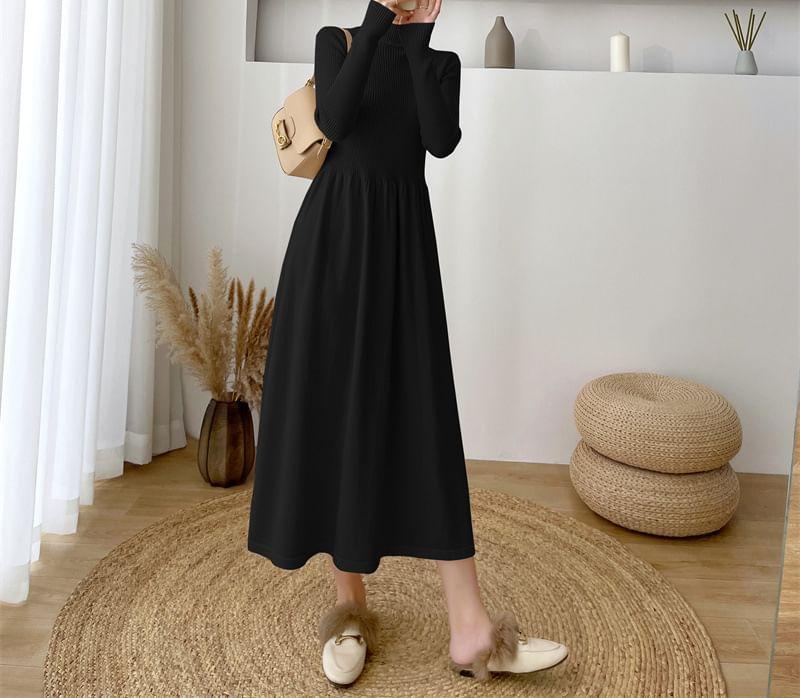 Long-Sleeve Mock Neck Plain Ribbed Midi A-Line Knit Dress Product Image