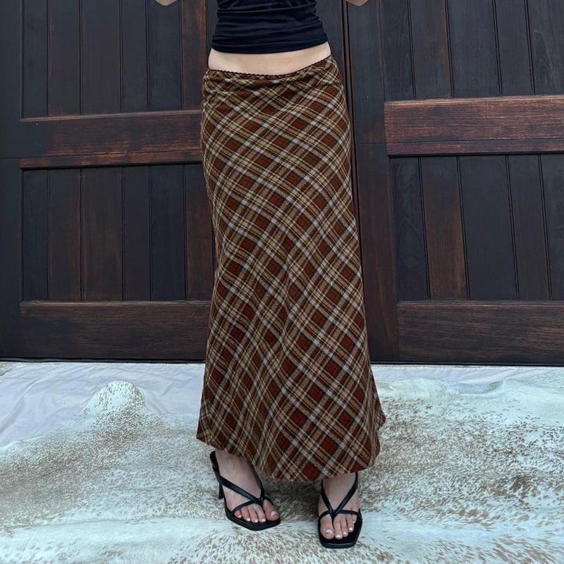 High Waist Plaid Maxi A-Line Skirt Product Image