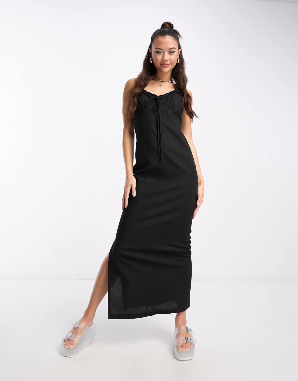 Daisy Street linen look cami maxi dress with tie front-Black Product Image