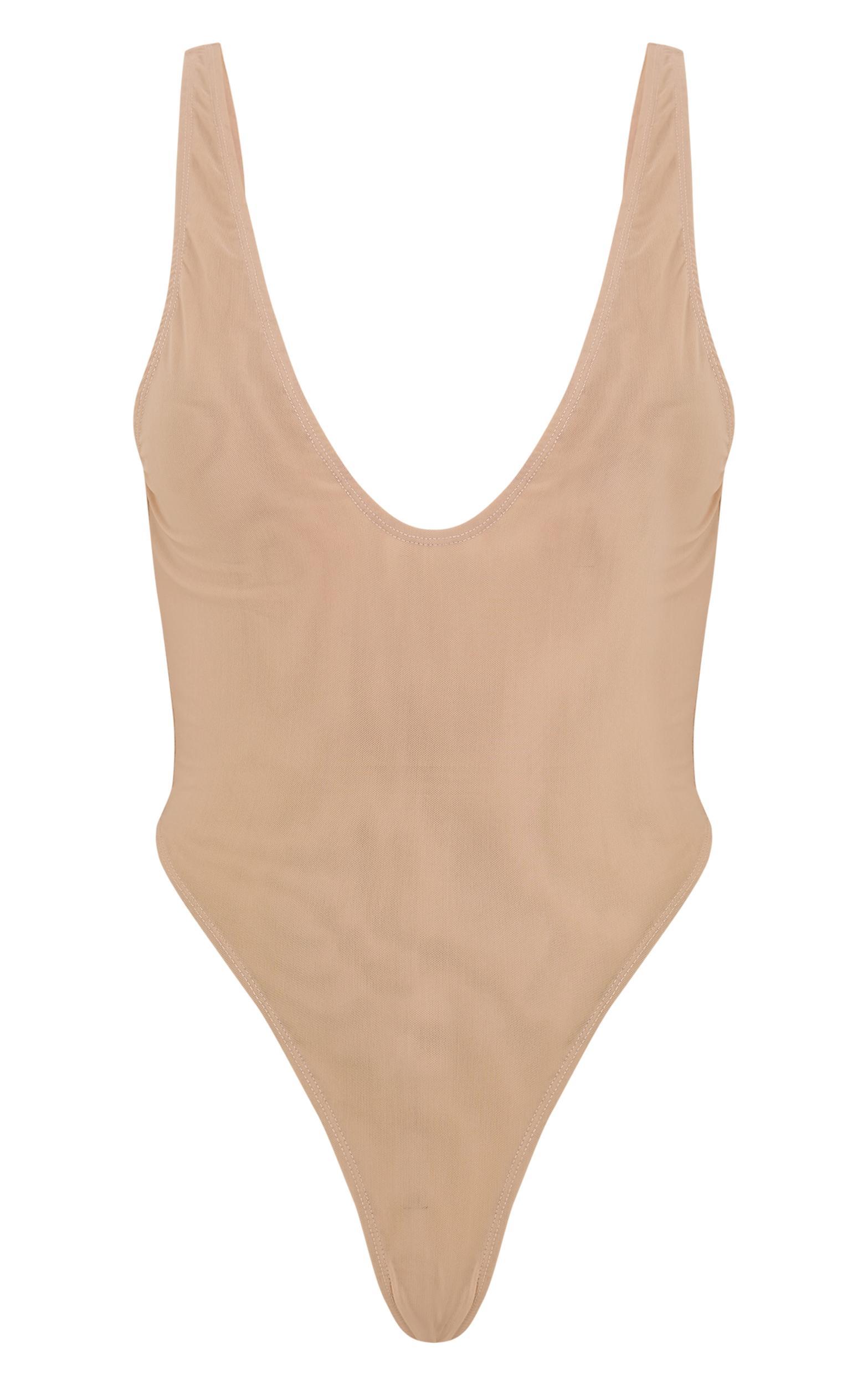 Tan Mesh Plunge Bodysuit Product Image