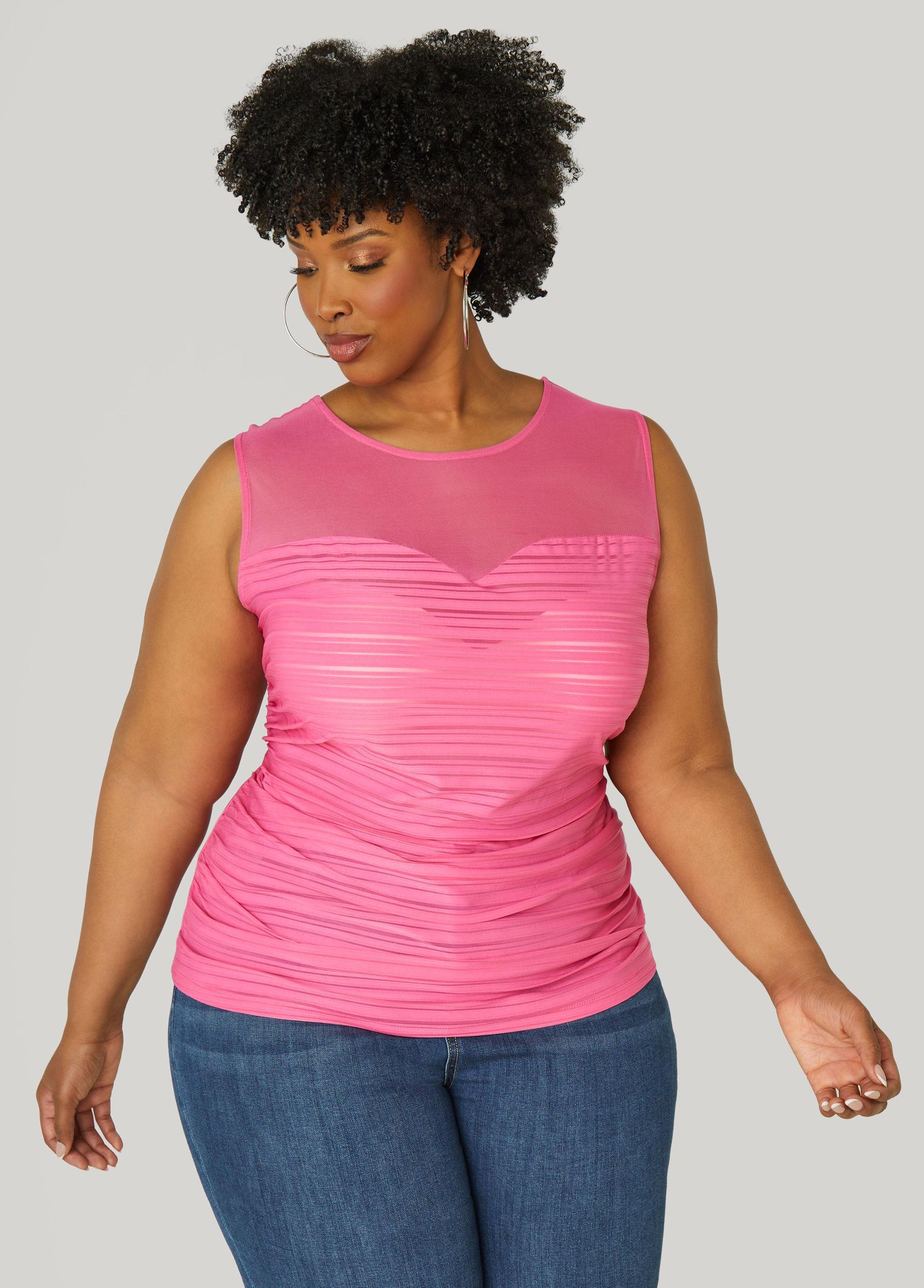 Plus Size Striped Mesh Paneled Top Ashley Stewart Product Image