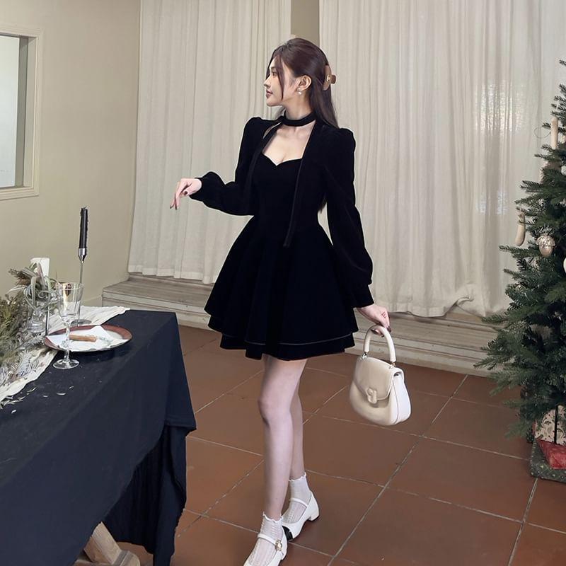 Set: Long-Sleeve Plain Velvet Mini A-Line Dress +  Scarf Product Image