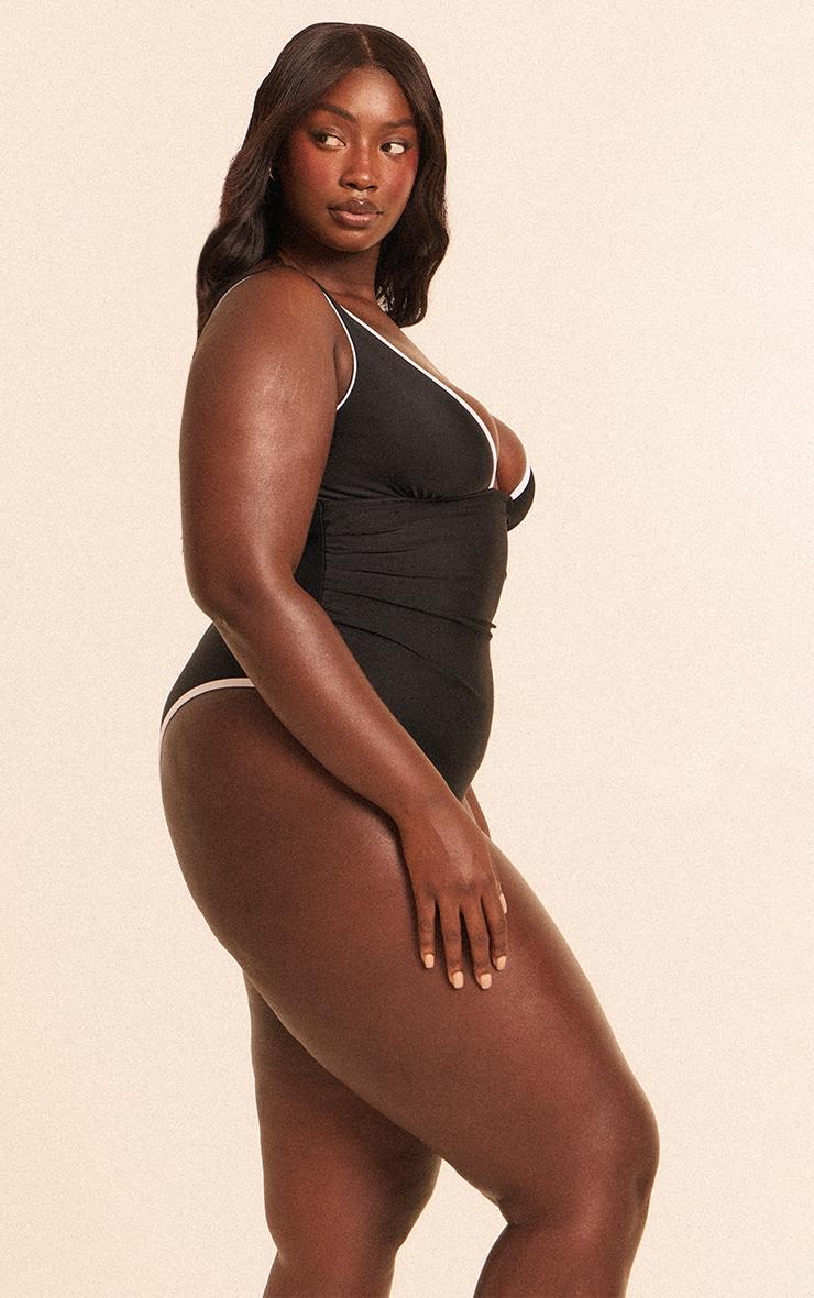Plus Black Contrast Binding Plunge Ruched Swimsuit Product Image