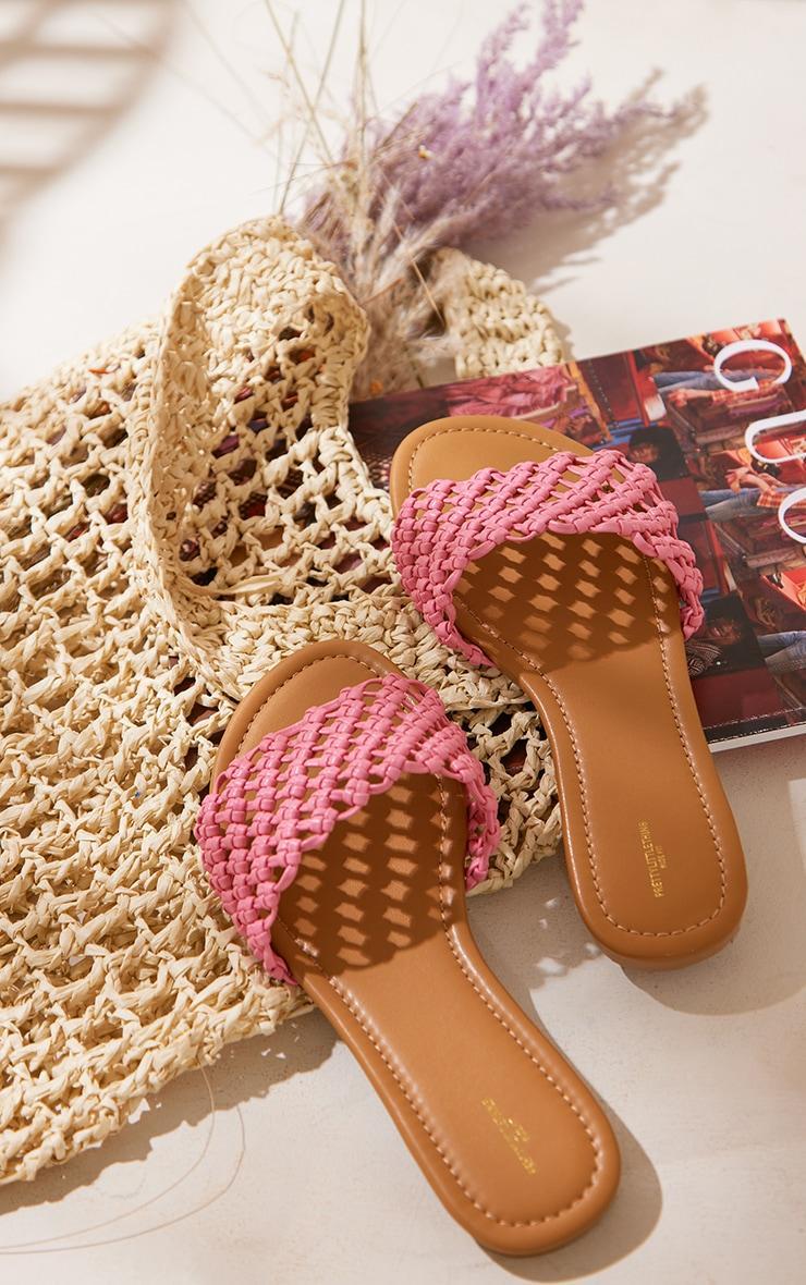 Light Pink Wide Fit Round Faux Leather Knotted Net Strap Slides Product Image