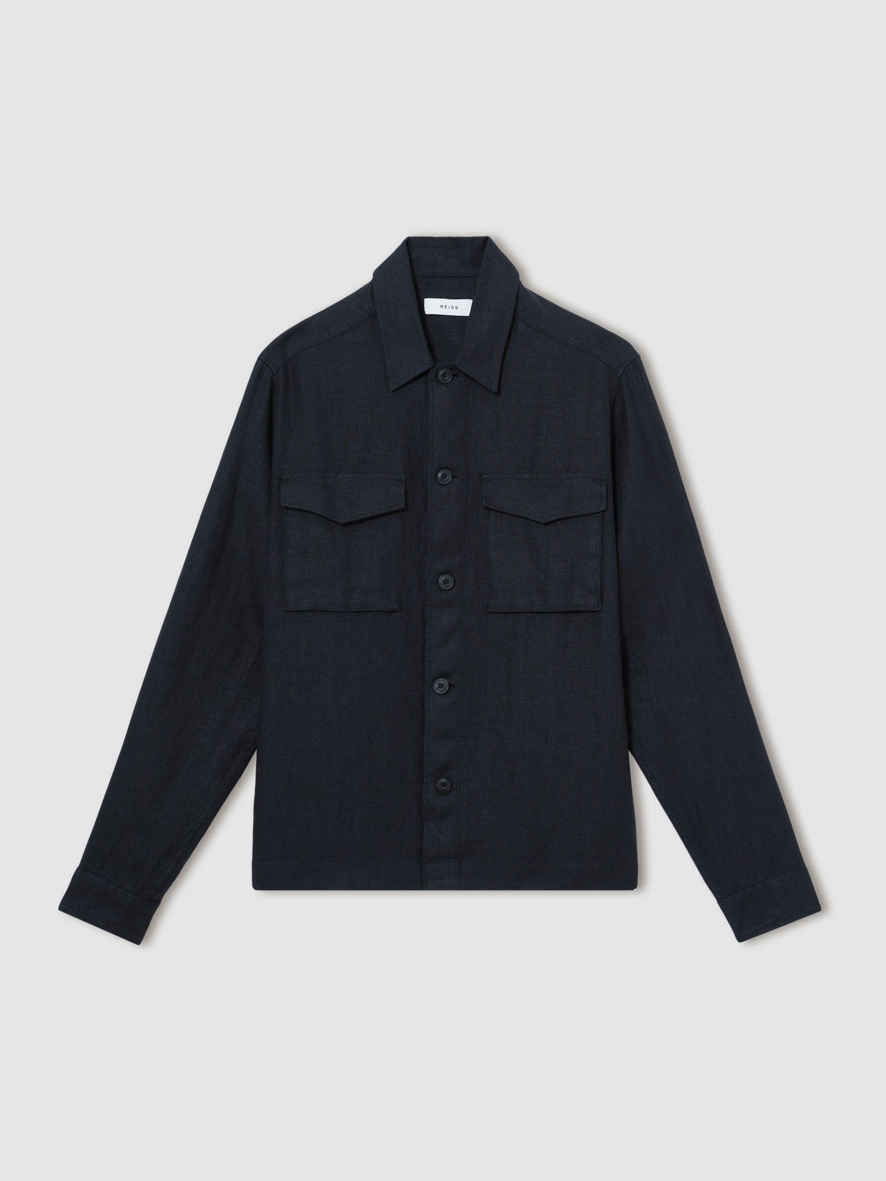 Linen Twin-Pocket Overshirt in Navy Product Image
