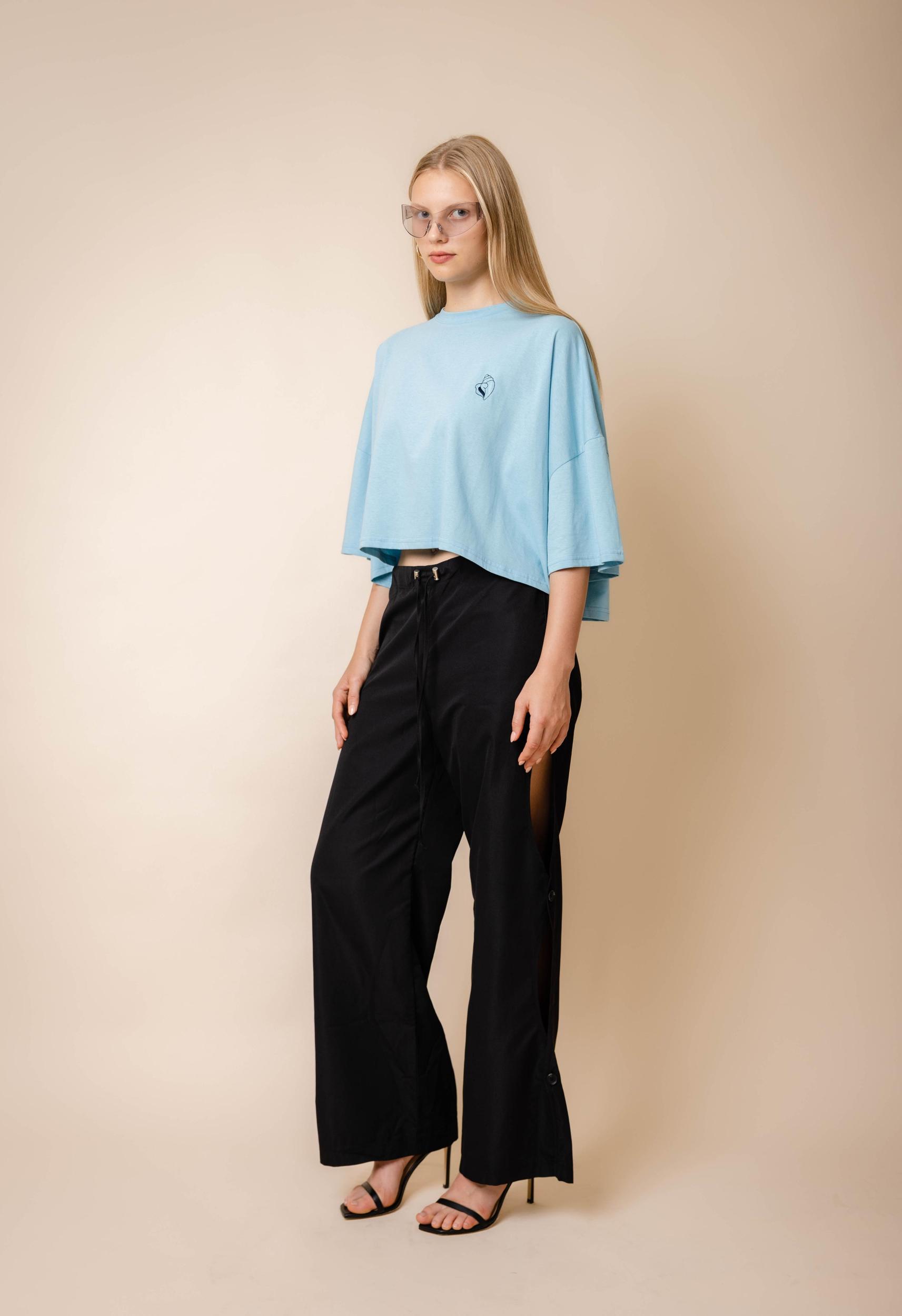 Embroidered Seashell Cropped Tee in Blue Product Image