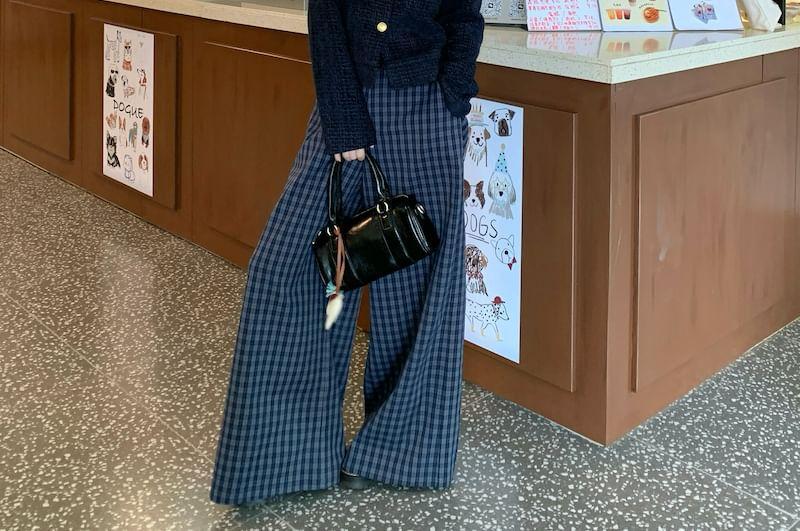 Button-Up Plain Crop Jacket / High Waist Plaid Wide Leg Pants Product Image