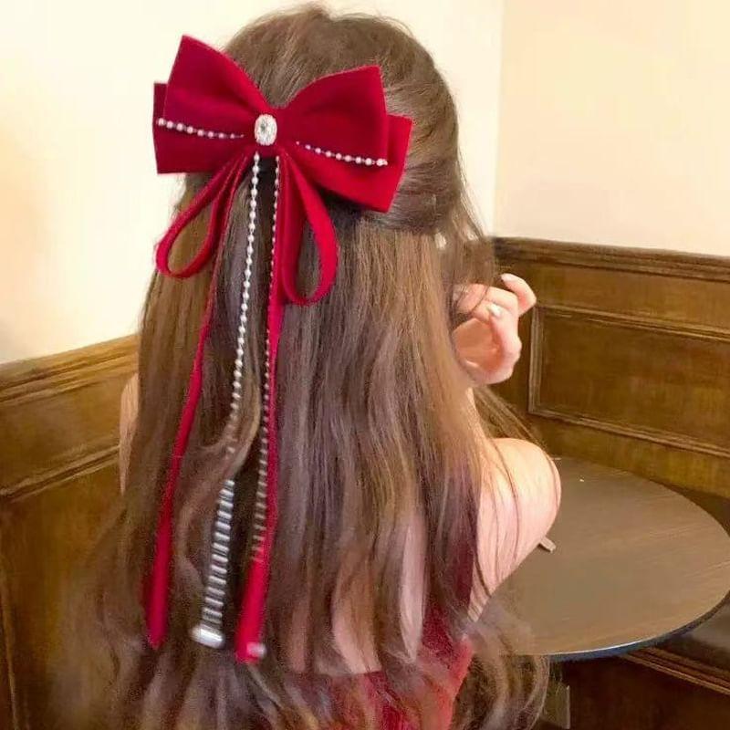 Bow Rhinestone Velvet Hair Clip Product Image