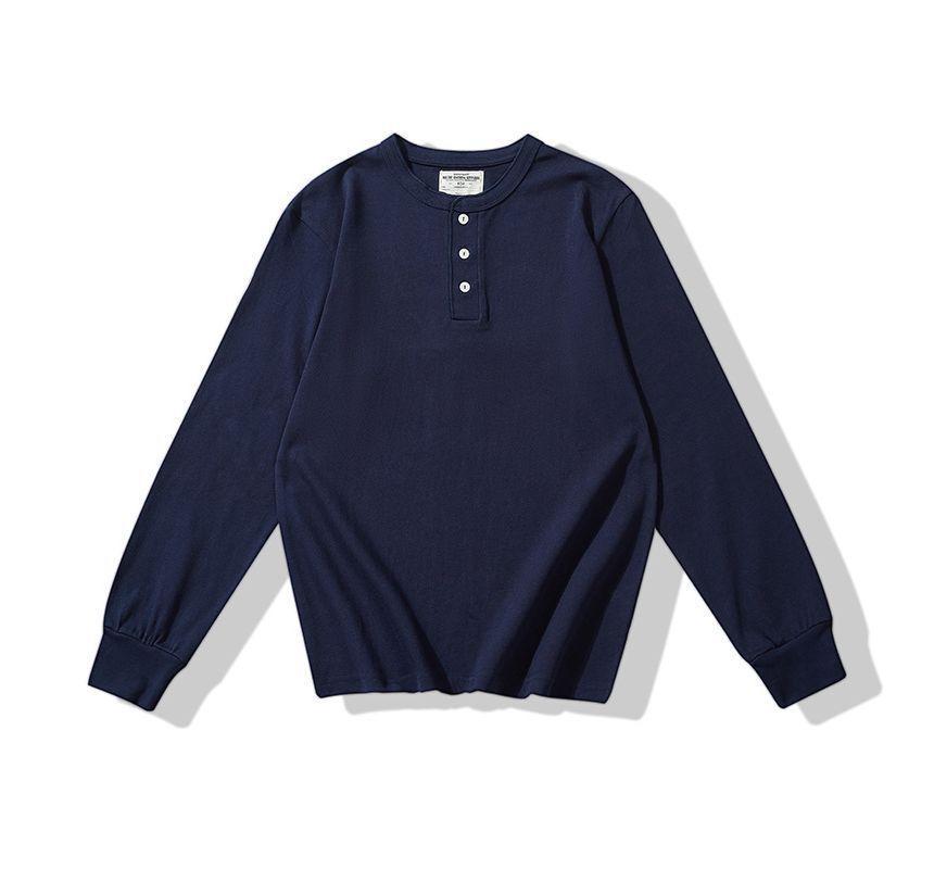 Long-Sleeve Crew Neck Plain Henley T-Shirt Product Image