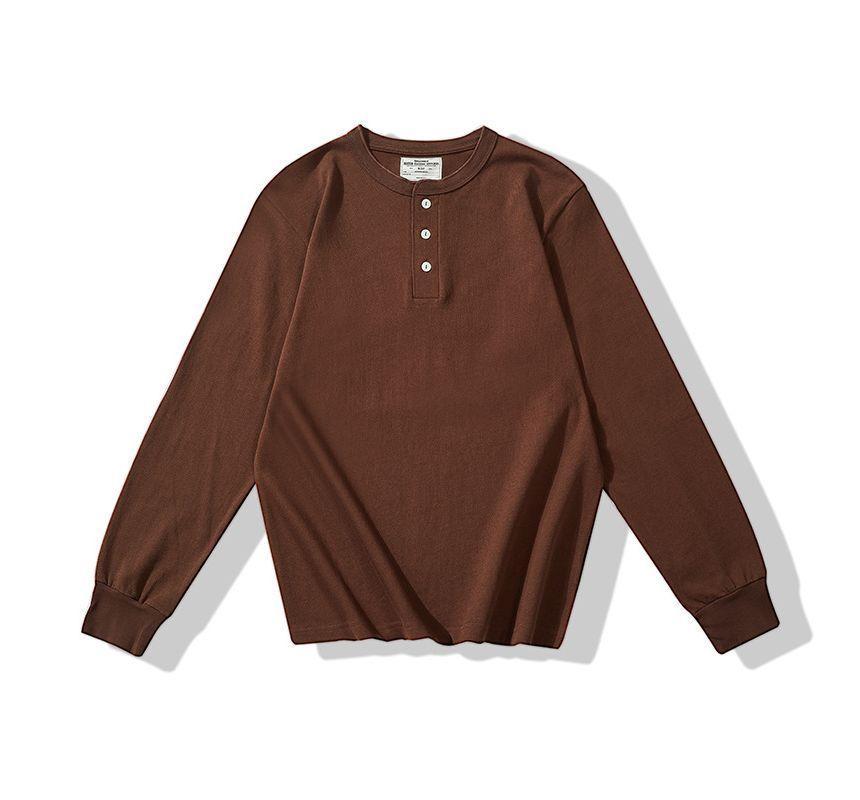 Long-Sleeve Crew Neck Plain Henley T-Shirt Product Image