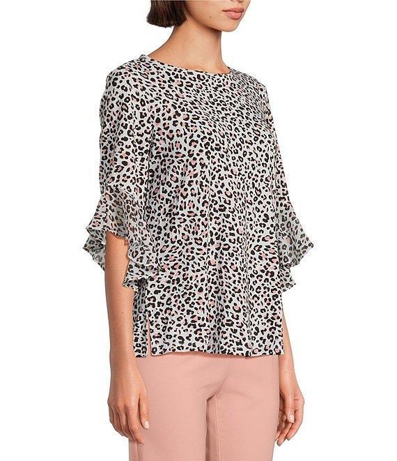 Multiples Slub Knit Georgette Animal Print Scoop Neck 3/4 Flounce Sleeve Fitted Top Product Image