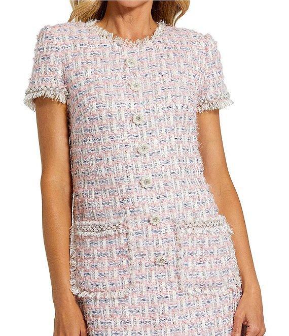 Mac Duggal Boucle High Neck Short Sleeves Floral Button Detail Shift Dress Product Image