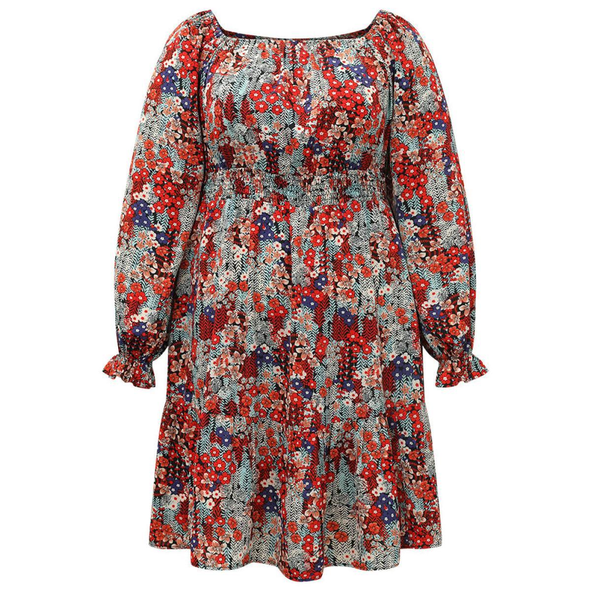 Plus Size Floral Print Shirred Square Neck Ruffle Dress Multicolor Women Elegant Elastic cuffs Square Neck Long Sleeve Curvy Midi Dress BloomChic 10/M Product Image