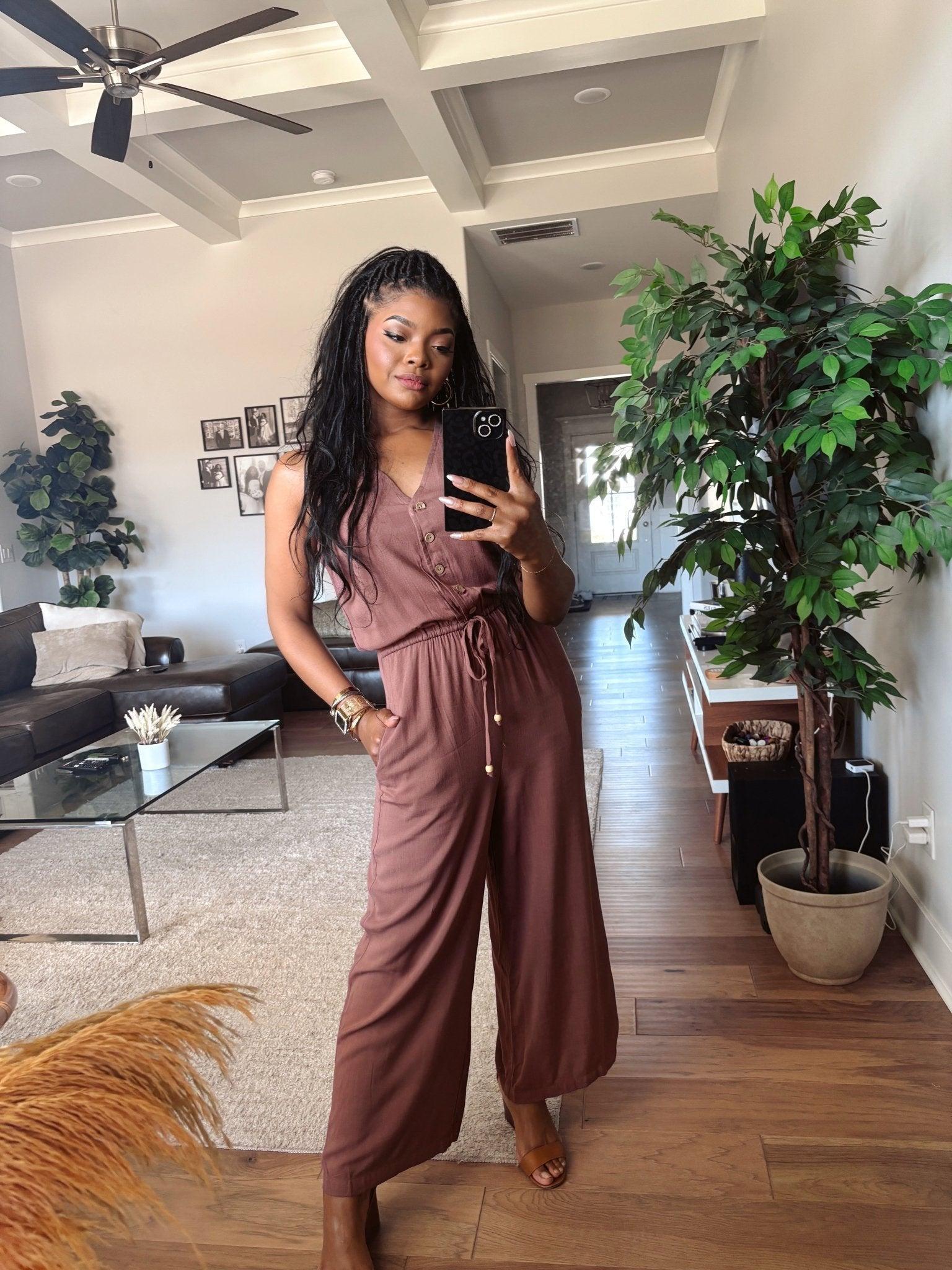 Brown Button Up Wide Leg Jumpsuit Product Image