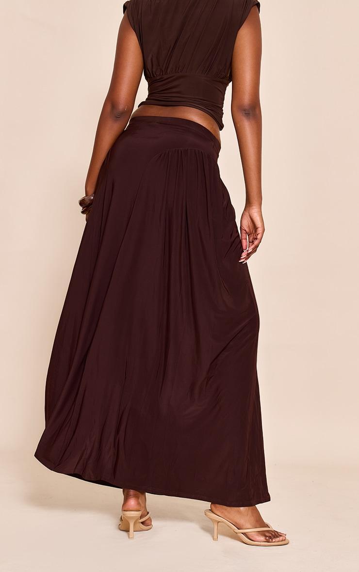 Chocolate Slinky Drop Waist Ruched Panel Maxi Skirt Product Image