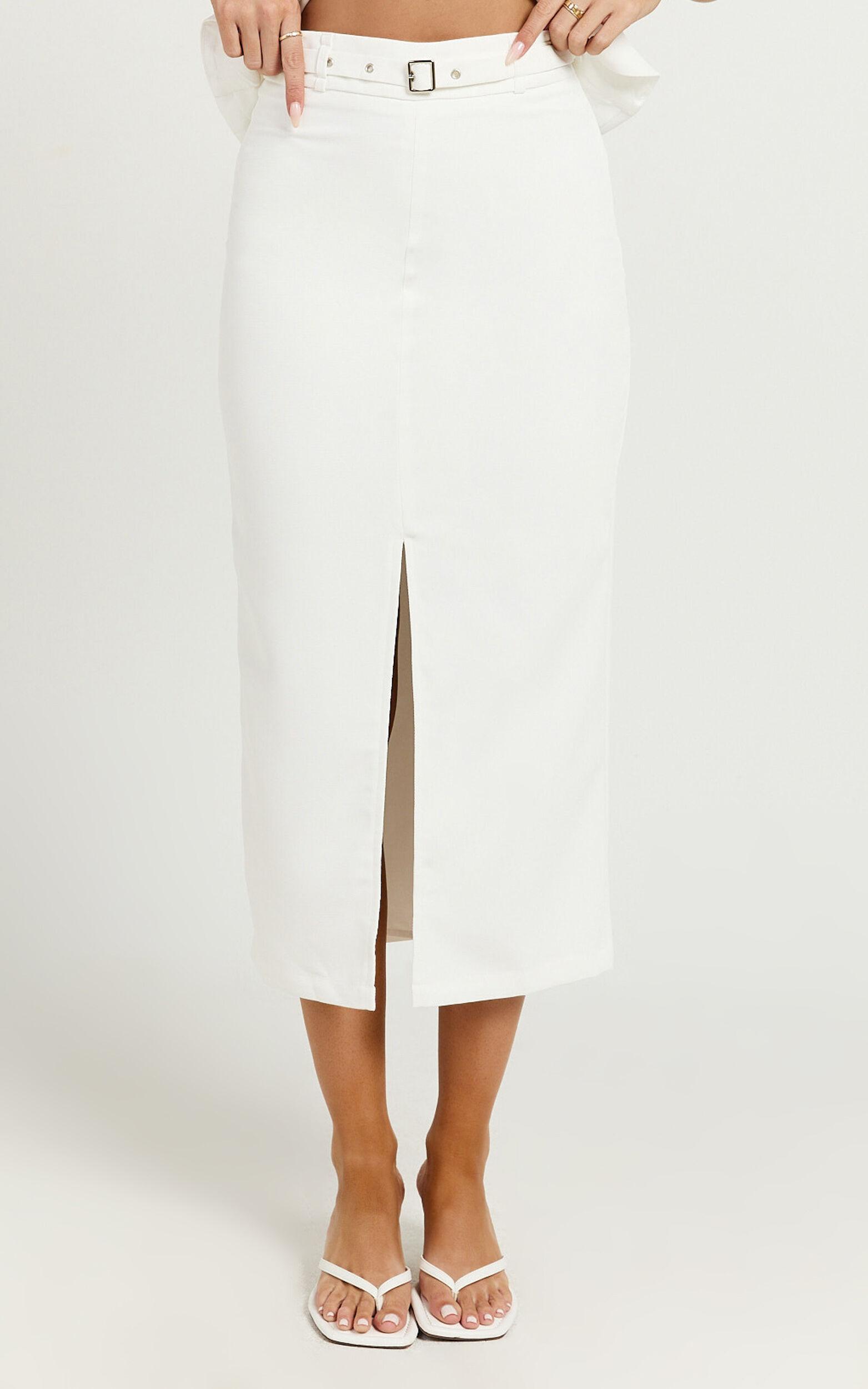 Romeo Midi Skirt - High Waisted Front Split Pencil Skirt in White Product Image