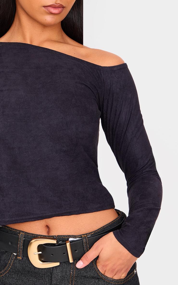 Black Faux Suede Asymmetric Neck Long Sleeve Top Product Image