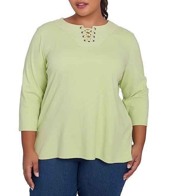 Ruby Rd. Plus Size Knit 3/4 Sleeve Split V-Neck Lacing Rib Top Product Image