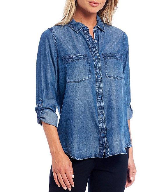 Intro Petite Size Roll-Tab Sleeve Button Front Slub Lyocell Shirt Product Image