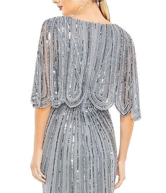 Mac Duggal Sequin Twist Waist V-Neck Flutter Short Sleeve Flutter Hem Sheath Gown Product Image