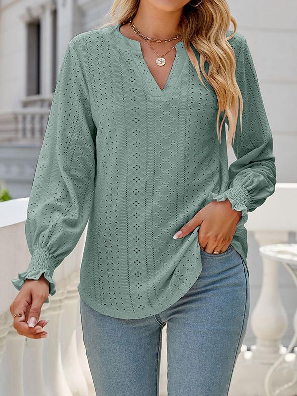 Long Sleeves Loose Elasticity Hollow Solid Color V-Neck T-Shirts Tops Product Image