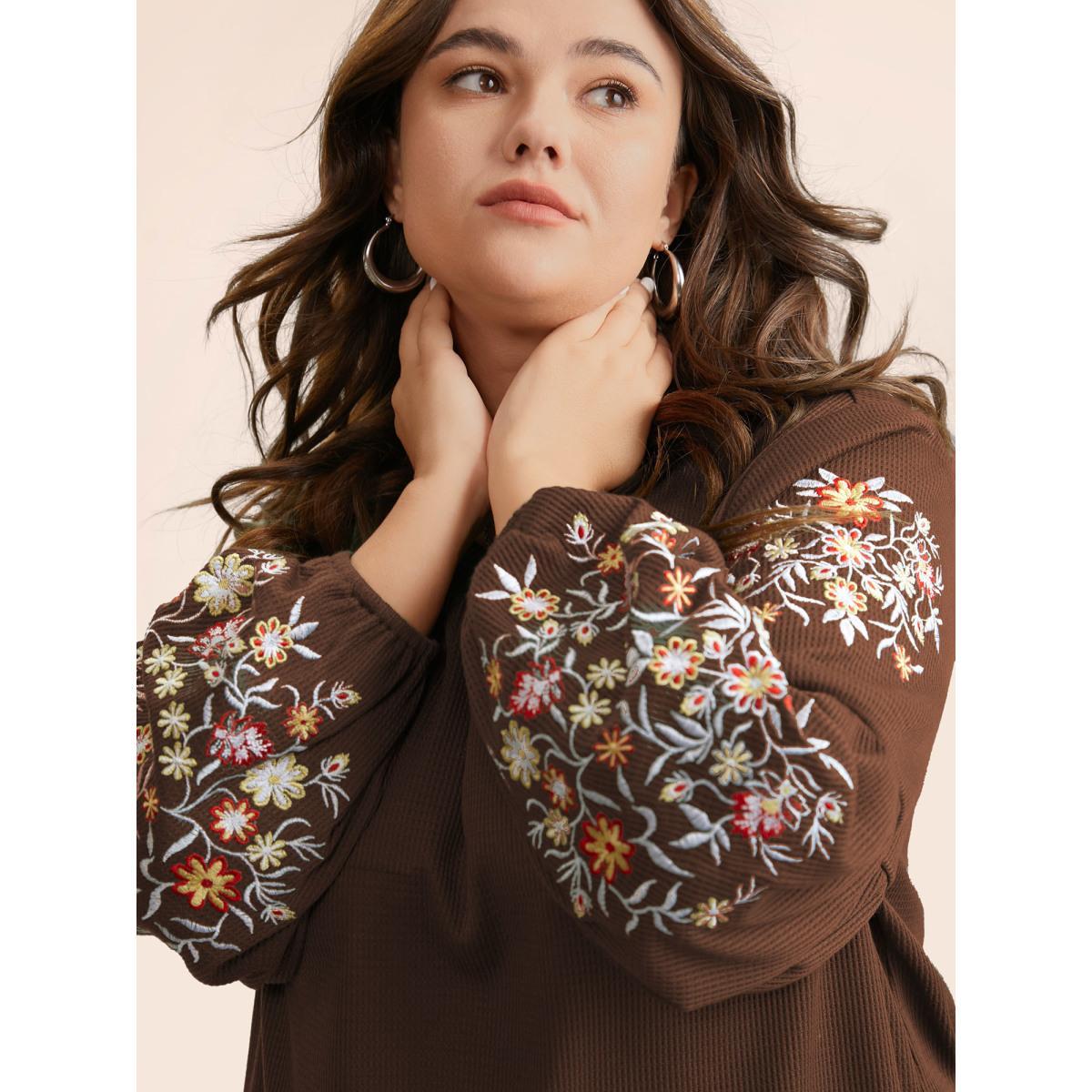 Plus Size Waffle Knit Floral Embroidered Lantern Sleeve T-shirt DarkBrown Women Leisure Texture Floral Round Neck Casual T-shirts BloomChic 26/4X Product Image