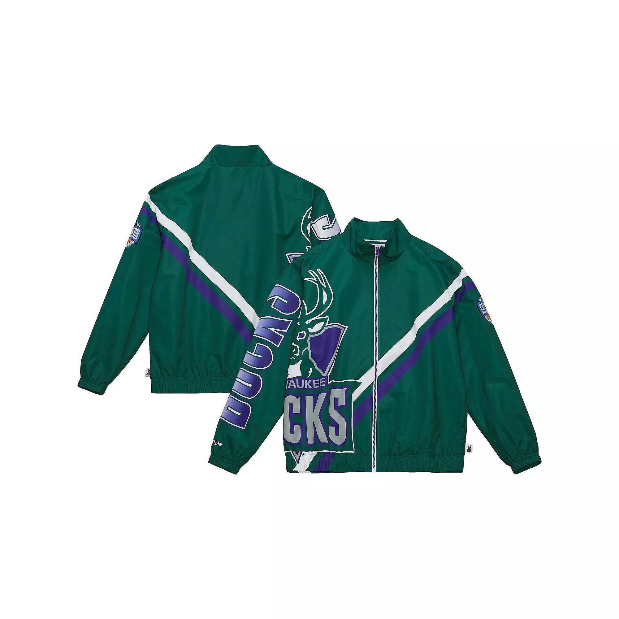 Men's Mitchell & Ness Hunter Green Milwaukee Bucks Exploded Logo Warm-Up Full-Zip Jacket, Size: XL, Team Product Image