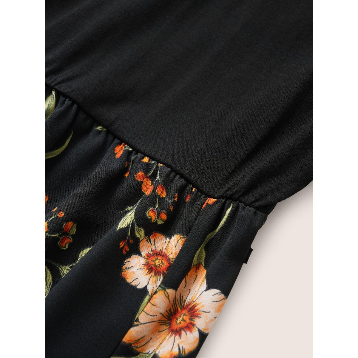 Plus Size Floral Patchwork Pocket Elastic Waist Sleeveless Dress Black Women Elegant Non Sleeveless Curvy Midi Dress BloomChic 22-24/3X Product Image