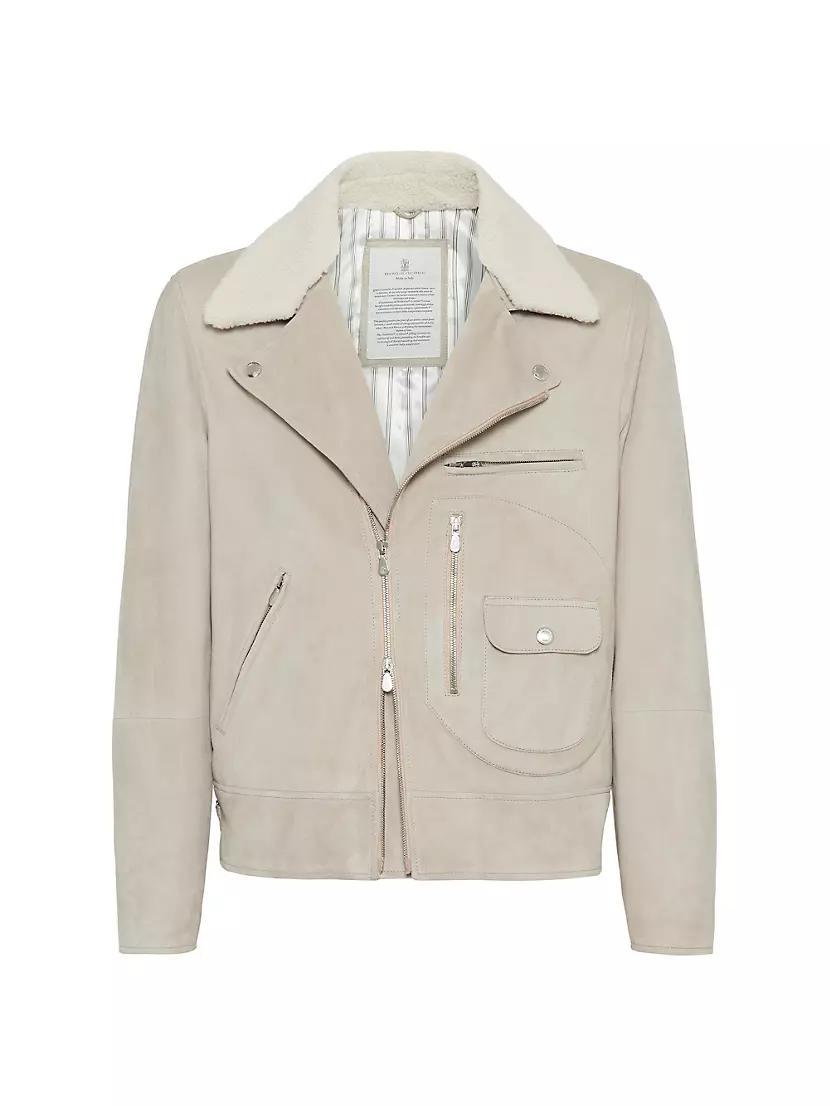 Suede Biker Jacket with Thermore Padding and Detachable Shearling Collar Product Image