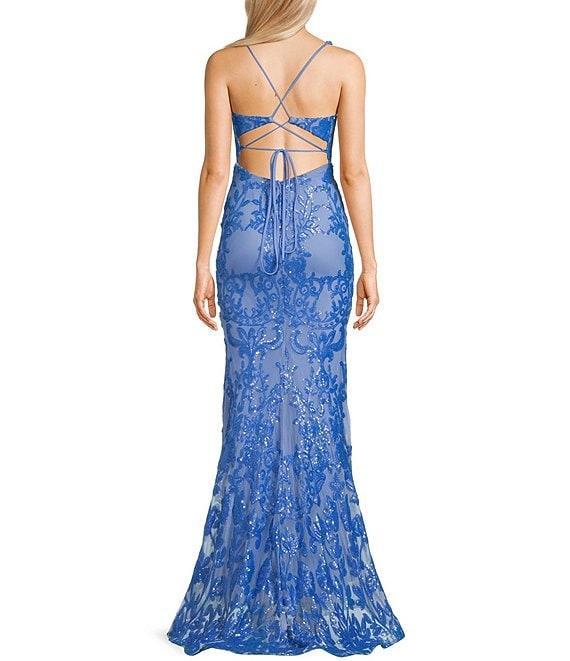 B. Darlin Sequin Pattern V-Neck Inset Corset Bodice Open Back Dress Product Image