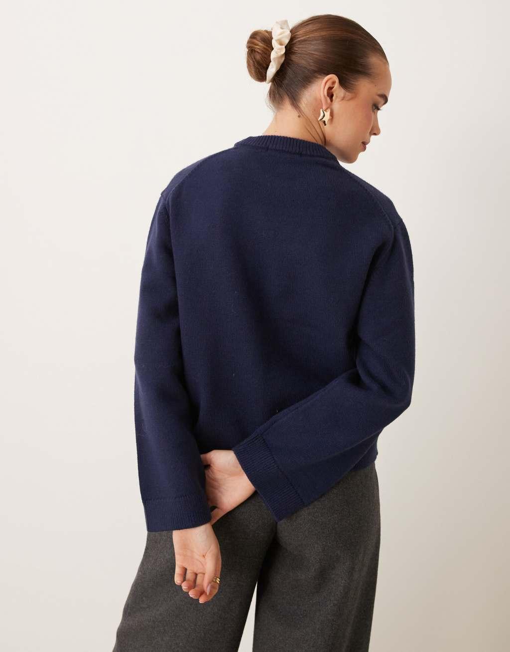 Gina Tricot crew neck knitted sweater with wide sleeves in blue Product Image