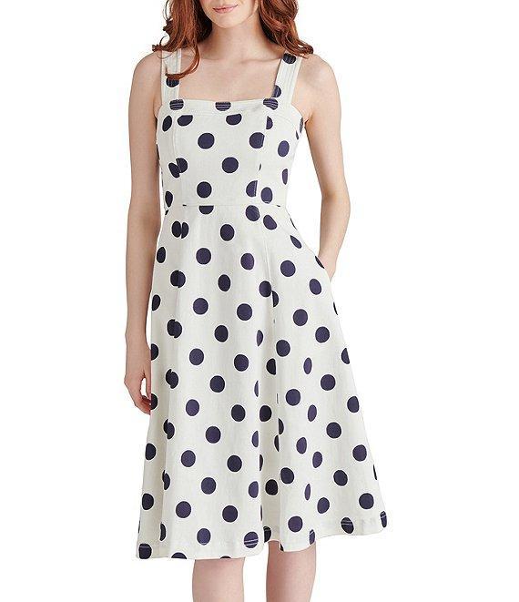 Steve Madden Dolly Woven Dotted Print Square Neck Sleeveless A-Line Midi Dress Product Image