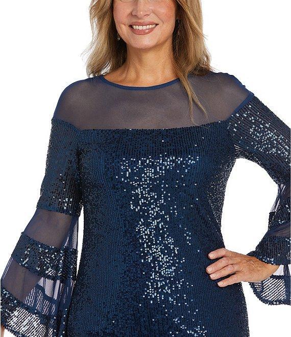 R & M Richards Long Sleeve Illusion Crew Neck Sequin Shift Dress Product Image